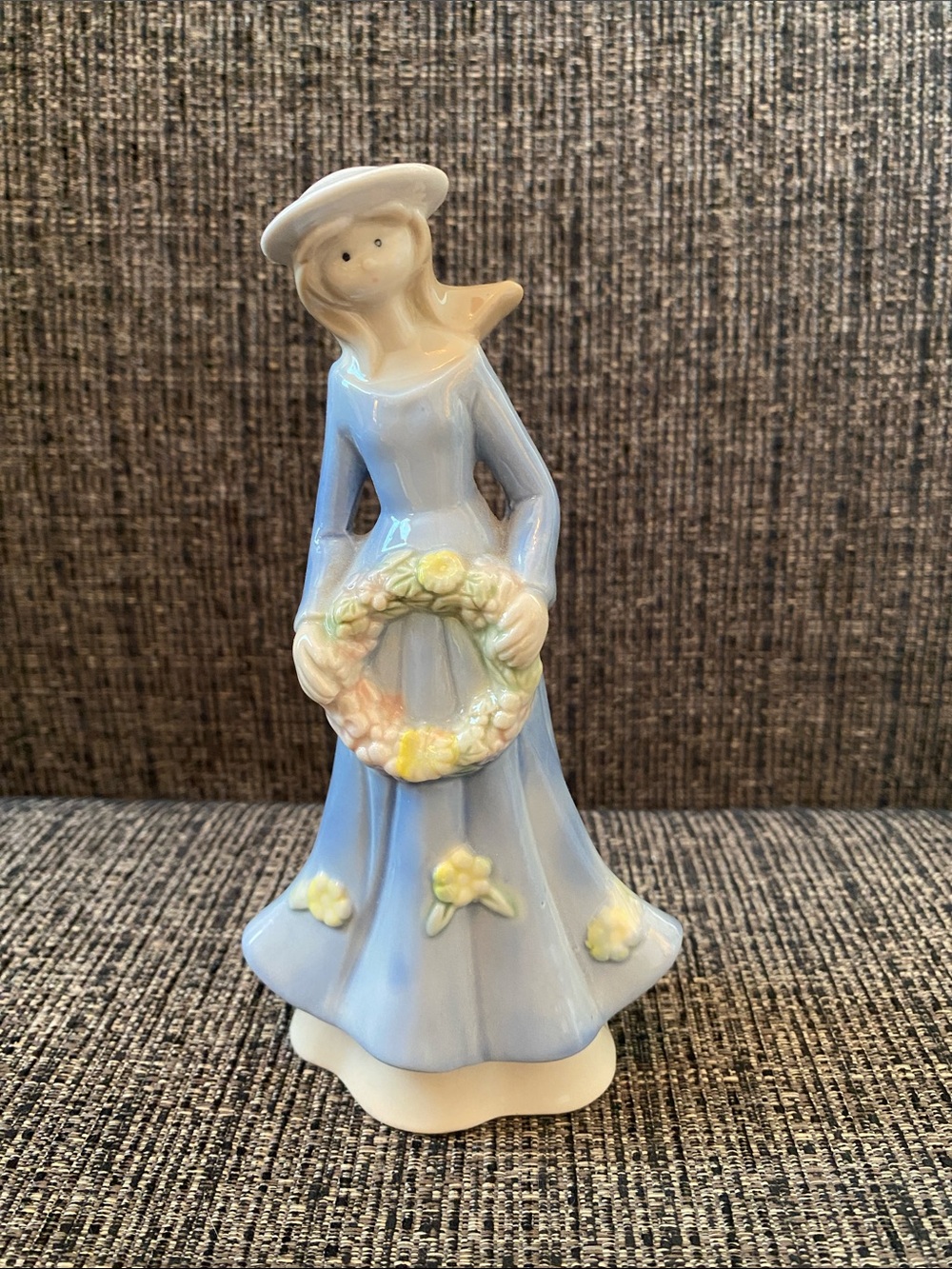 Pastel Blue Ceramic Lady Figurine Holding Flower Wreath